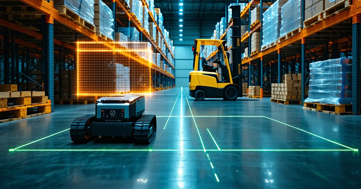 Visualization of predicted pedestrian trajectories overlaid on warehouse floor plan with AMR paths shown