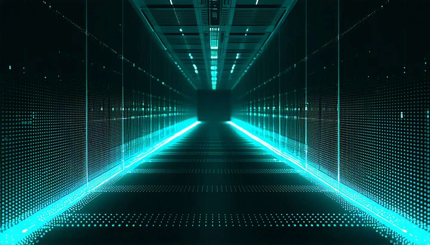 3D LiDAR point cloud scan of an industrial corridor rendered in teal-blue gradient, showing sparse depth data typical of autonomous navigation environments