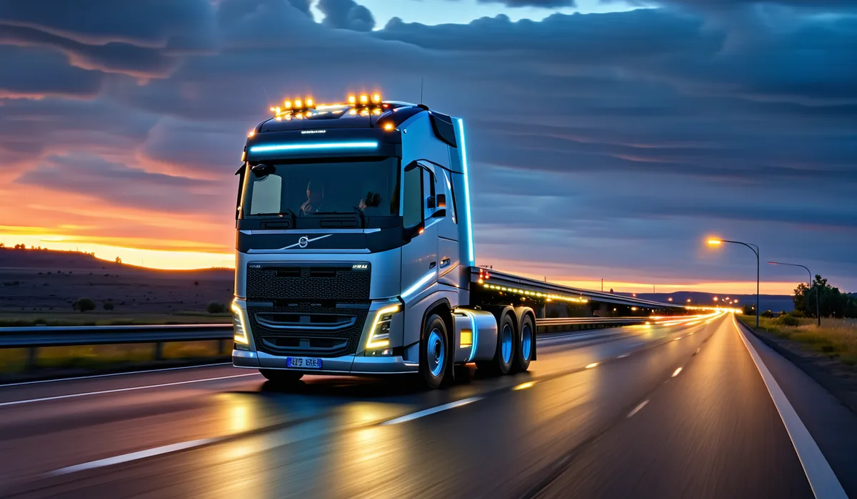 Autonomous truck on a highway at dusk with LiDAR sensor cluster mounted on cab roof