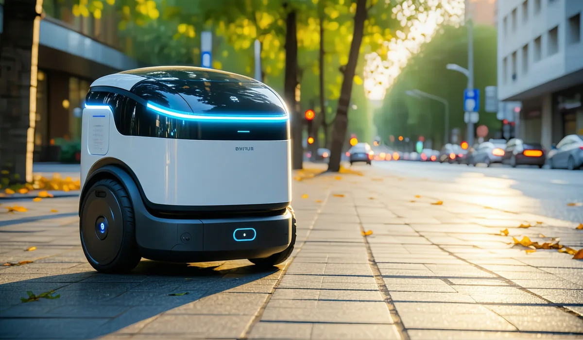 Outdoor delivery robot on a sidewalk with perception sensors active