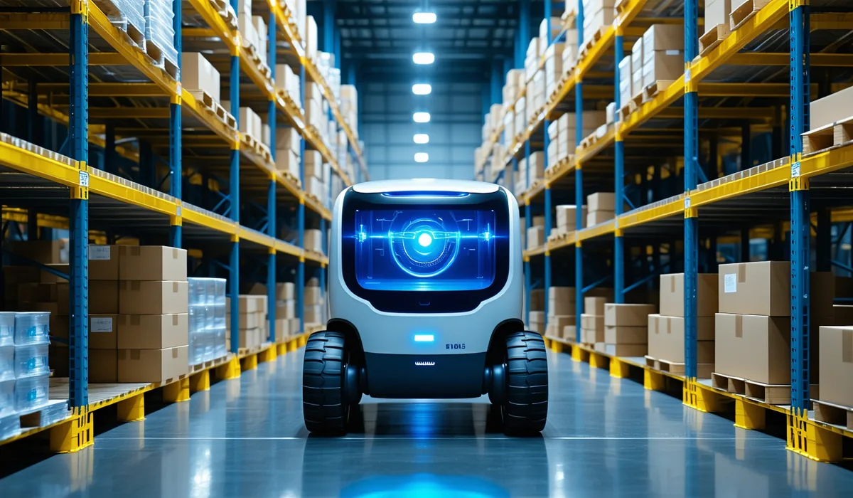 Autonomous mobile robot navigating a modern warehouse aisle with perception sensor array visible
